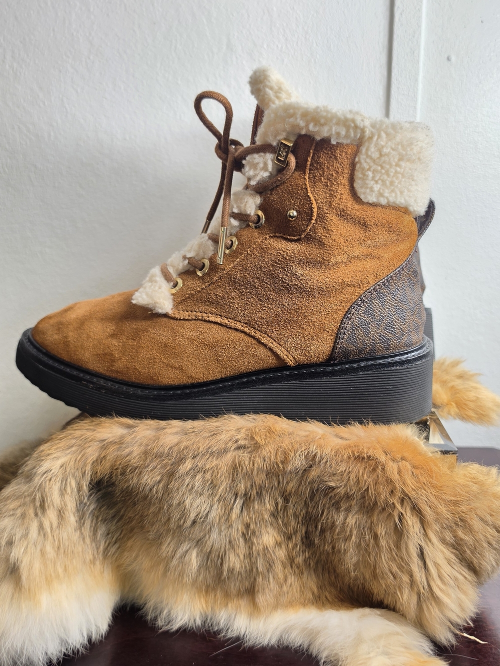 Michael Kors Tan Suede Shearling Lace-Up Ankle Boots - Picture 12 of 14